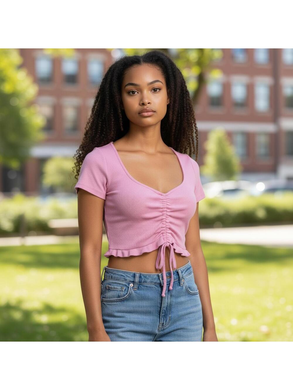 Zara Pink Ruched Drawstring Crop Top Size M